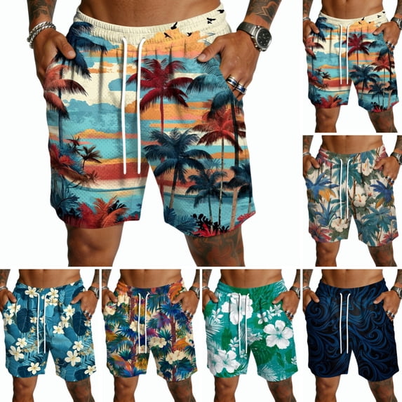 Domuza Hawaiian Beach Shorts for Men Lightweight Elastic Waist Drawstring Shorts Summer Vacation Casual Shorts with Pocket Light Blue S