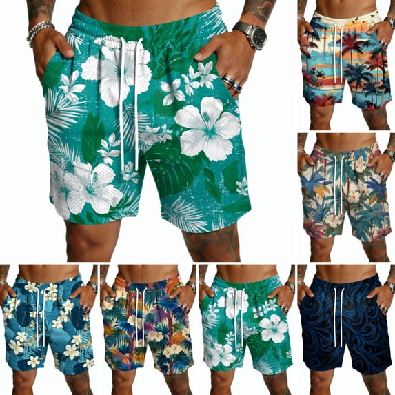 Domuza Hawaiian Beach Shorts for Men Lightweight Elastic Waist Drawstring Shorts Summer Vacation Casual Shorts with Pocket White M