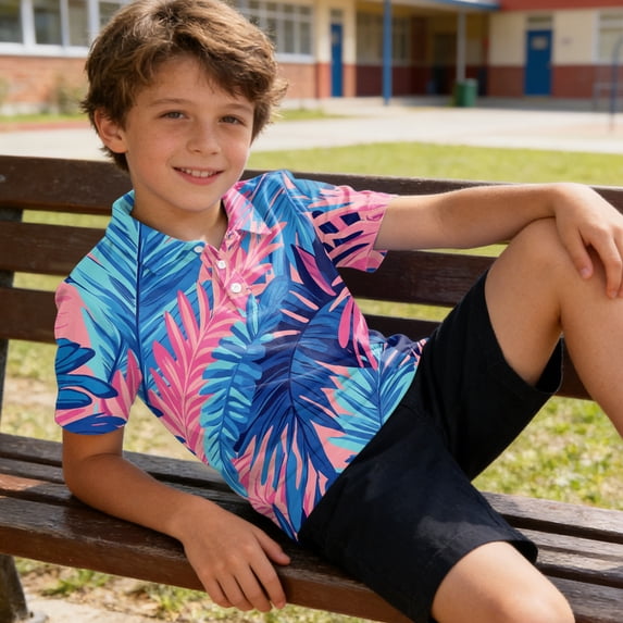 Domuza Hawaiian Shirt for Boys Kids Casual Short Sleeve Button Tee Shirts Summer Fashion Tropical Beach Camp Collar Top with Pocket Royal Blue 3-4 Years