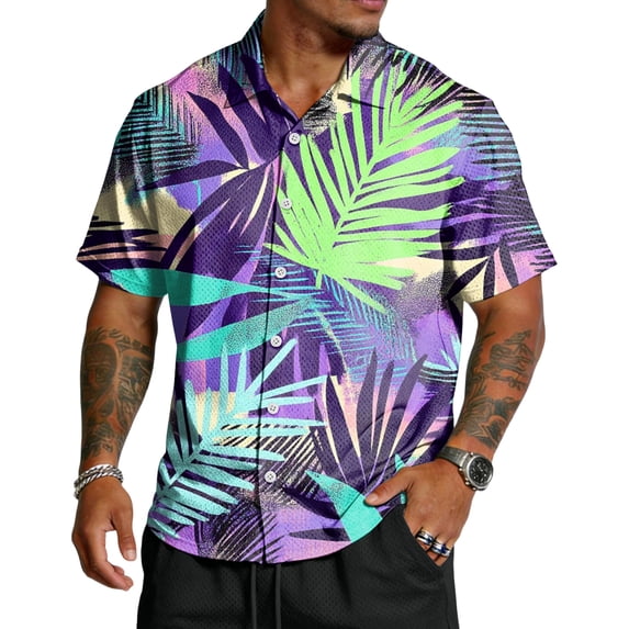 Domuza Hawaiian Shirt for Men Casual Short Sleeves Button Down Lapel Tee Shirts New Trendy Comfy Vacation Beach Tropical Blouses Fluorescent Green S