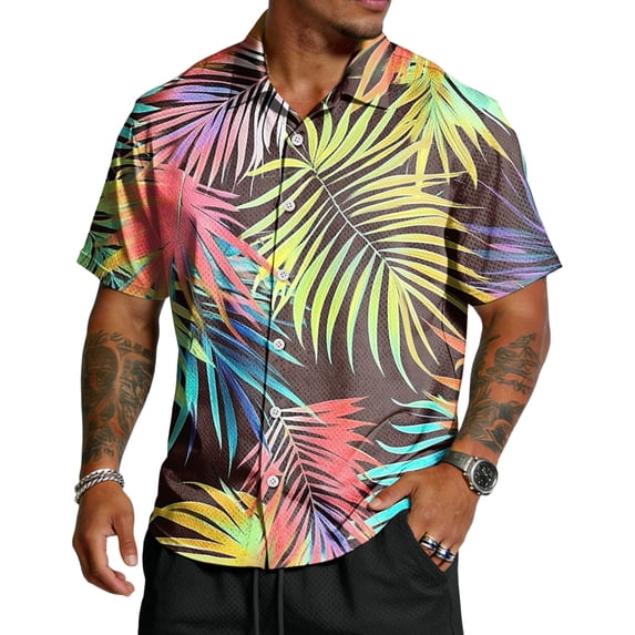 Domuza Hawaiian Shirt Men Casual Short Sleeves Button-Up Collared Shirts Summer Fashion Comfortable Vacation Beach Tropical Top Yellow L