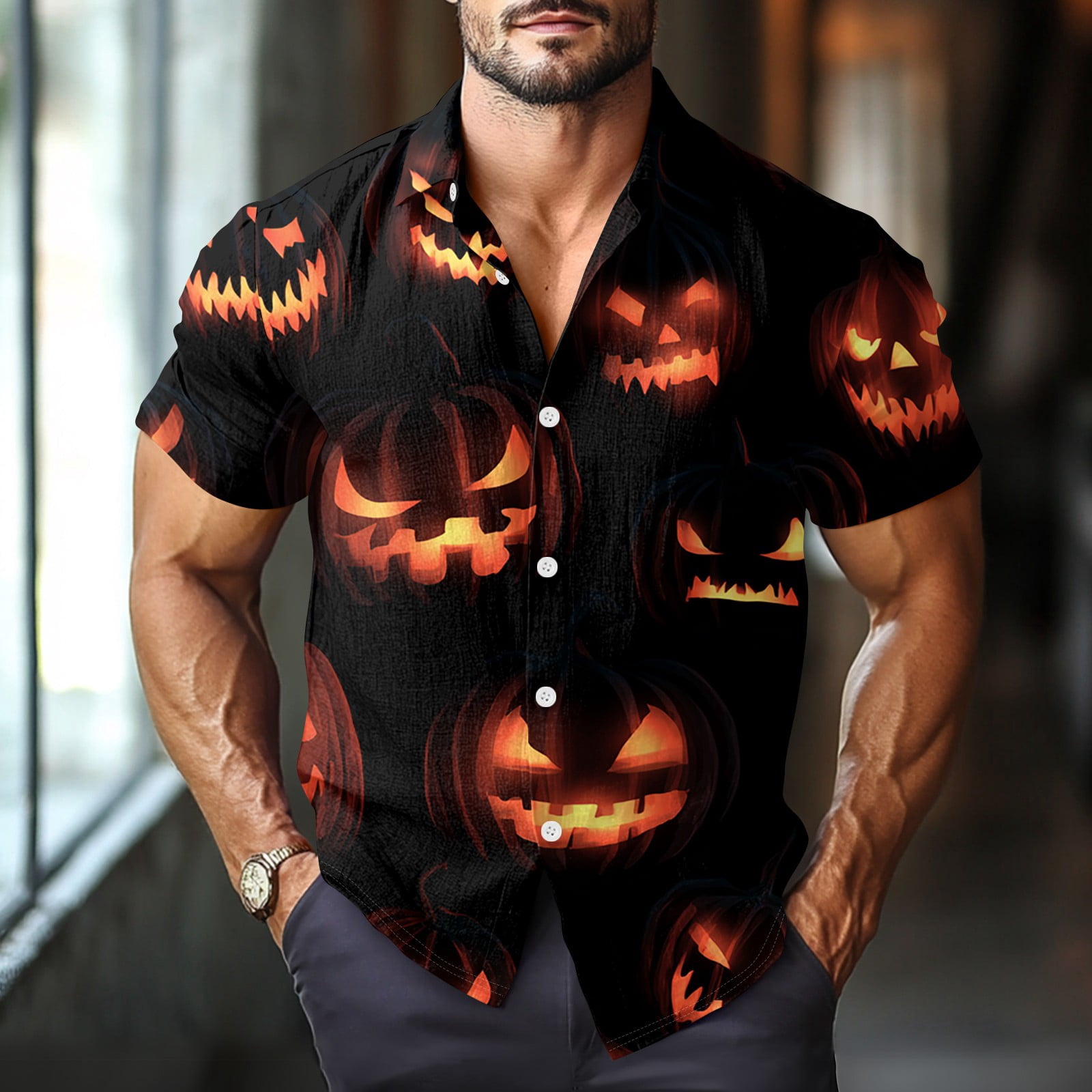 Domuza Hawaiian Shirt for Men Novelty Horror Print Short Sleeve Button ...