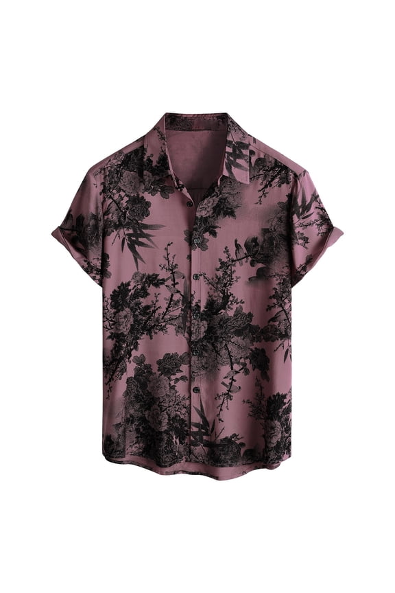 Hawaiian Shirt for Men Short Sleeve Casual Button Down Floral Printed Beach Shirts Summer Tropical Holiday Lapel T-Shirt Purple Pink XL