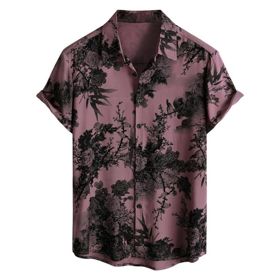 Domuza Hawaiian Shirt for Men Short Sleeve Casual Button Down Floral Printed Beach Shirts Summer Tropical Holiday Lapel T-Shirt Purple Pink XL