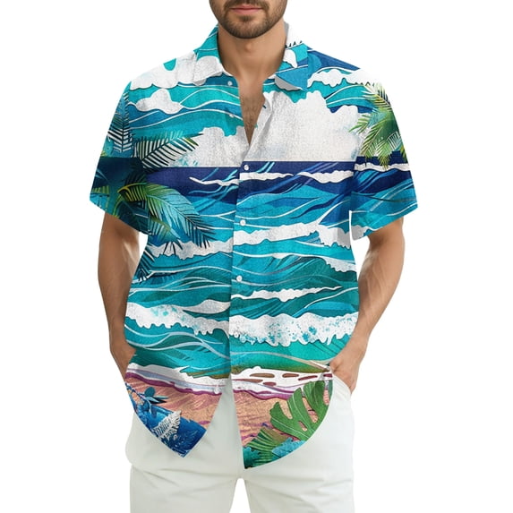 Domuza Hawaiian Tropical Shirt Men Short Sleeve Stylish Casual Button Down T Shirt Beach Vacation Relaxed Fit Lightweight Tops Blue S