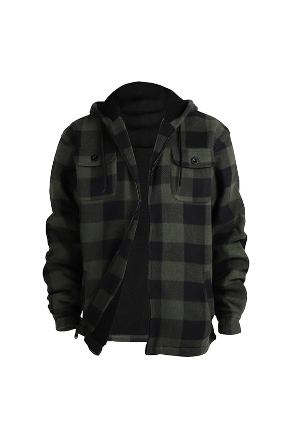 Heavy Thick Flannel Plaid Jacket Men Sherpa Fleece Lined Loose Fit Hooded Coat Fall Winter Warm Zipper Quilted Outwear Green XL