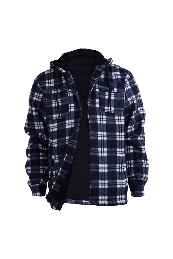 Heavy Thick Flannel Plaid Jacket for Men Sherpa Fleece Lined Loose Fit Hooded Coat Fall Winter Warm Zip Up Quilted Outerwear Navy 3XL