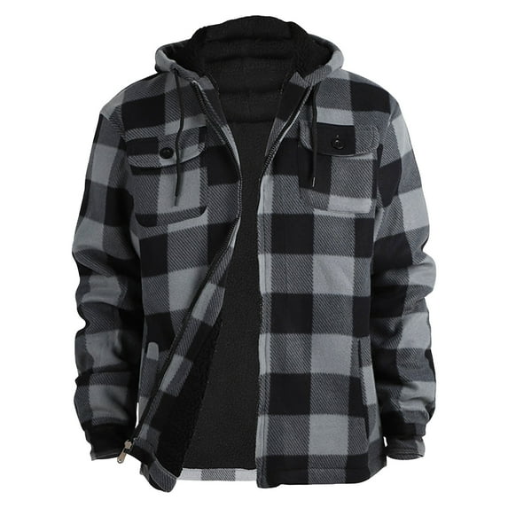 Domuza Heavy Thick Flannel Plaid Jacket for Men Sherpa Fleece Lined Loose Fit Hoodies Fall Winter Warm Zip Up Quilted Outwear Gray 4XL