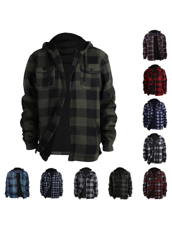 Heavy Thick Flannel Plaid Jacket for Men Sherpa Fleece Lined Relaxed Fit Hooded Coat Fall Winter Warm Full Zip Quilted Outwear