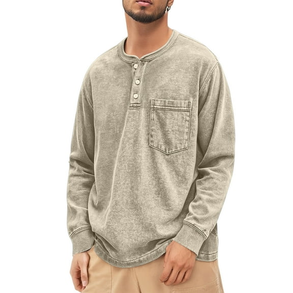 Domuza Henley Shirts Men Retro Acid Wash Distressed Long Sleeve Button Shirts Fall Winter Casual Relaxed Fit Workout Pullover with Pocket Khaki L