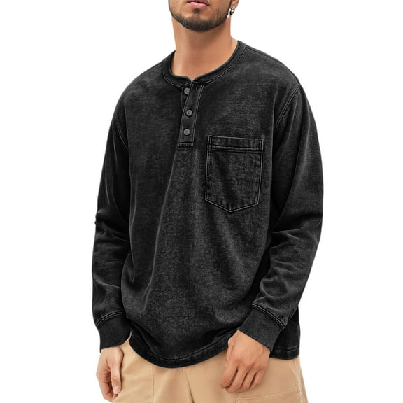 Domuza Henley Shirts Men Vintage Distressed Acid Wash Long Sleeve Button Shirts Fall Winter Casual Oversized Workout Pullover with Pocket Black L