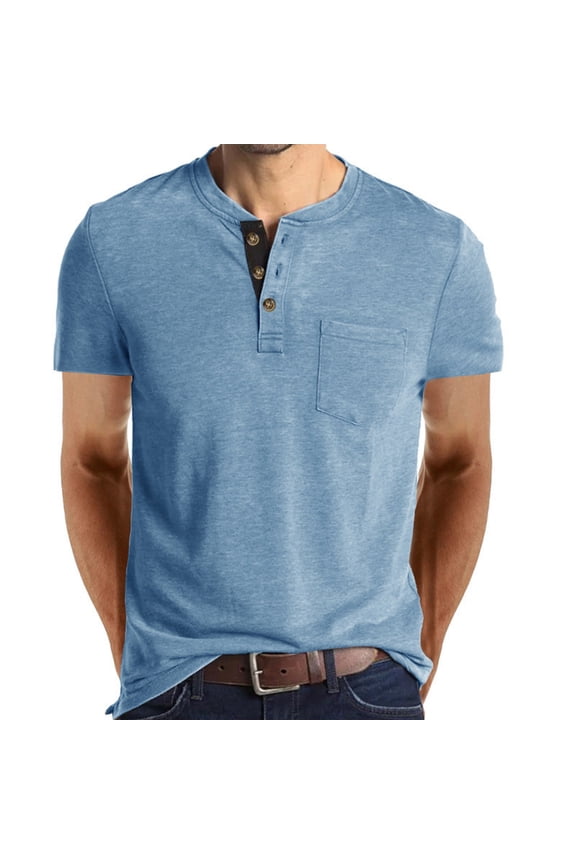 Henley Shirts for Men Casual Lightweight Short Sleeve Button T-Shirt with Pocket Light Blue XL