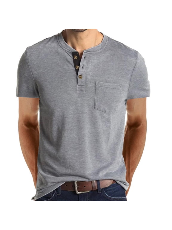 Henley Shirts for Men Casual Lightweight Short Sleeve Button T-Shirt with Pocket Light Gray XL