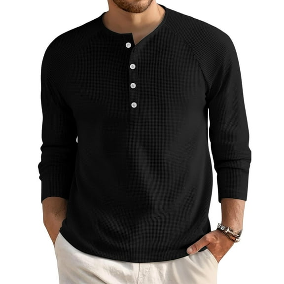 Domuza Henley Shirts for Men Casual Stylish Long Sleeve Button Up Waffle Tops Fall Thermal Comfy Lightweight Basic Slim Fit Blouse Black XL
