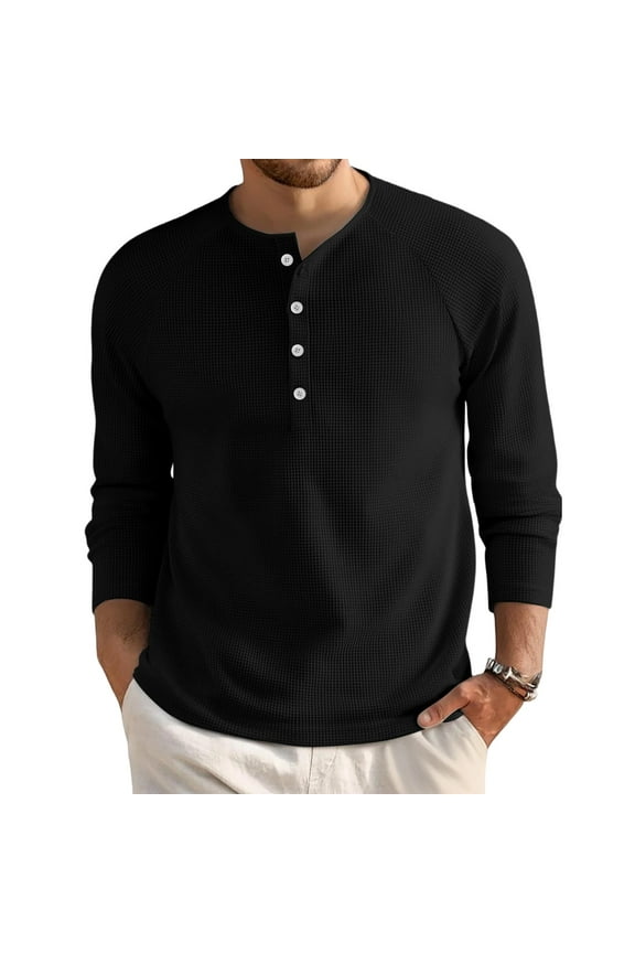 Henley Shirts for Men Casual Stylish Long Sleeve Button Up Waffle Tops Fall Thermal Comfy Lightweight Basic Slim Fit Blouse Black XL
