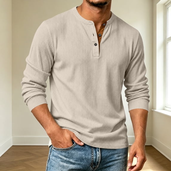 Domuza Henley Shirts for Men Corduroy Button Down Shirt Fall Fashion Casual Plain Long Sleeve Tees Comfy Soft Tops