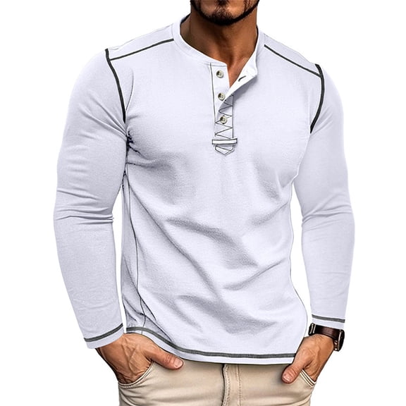 Domuza Henley Shirts for Men Long Sleeve Casual Button Down T-Shirt Fashion Classic Fit Cotton Soft Comfy Pullover White 3XL