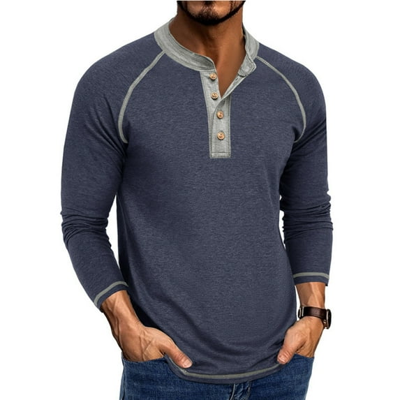 Domuza Henley Shirts for Men Long Sleeve Casual Raglan Long Sleeve Tshirts Comfy Lightweight Slim Fit Top Trendy Button Down Blouse Dark Blue XXXL