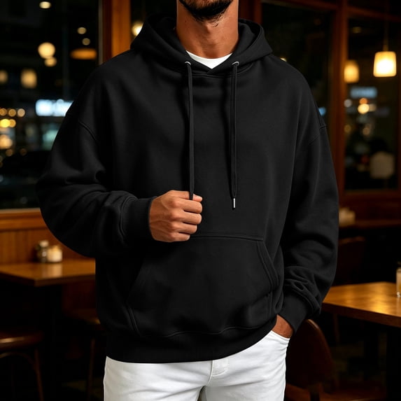Domuza Hoodie for Men Long Sleeve Pullover with Pocket Soft Essential Comfort Lightweight Sweatshirt for Fall Winter Workout Travel - Black L
