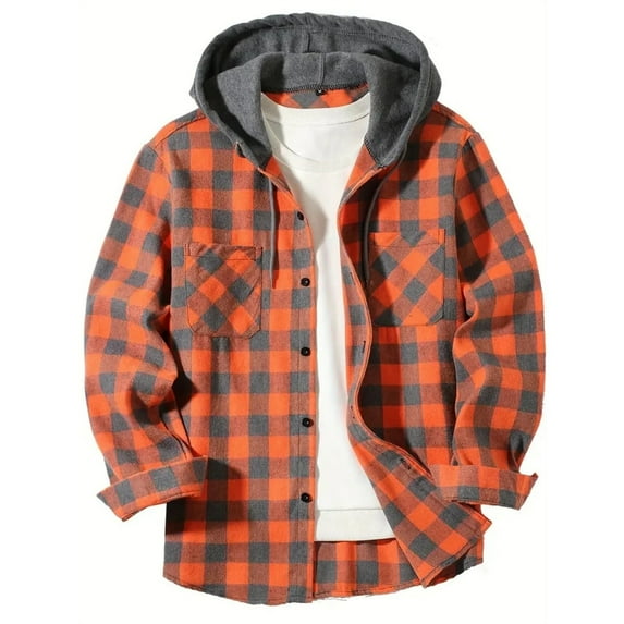 Domuza Hoodie for Men Trendy Casual Long Sleeve Button Down Flannel Plaid Shirt Fall Lightweight Classic Checkered Tops with Two Pockets Orange XXL