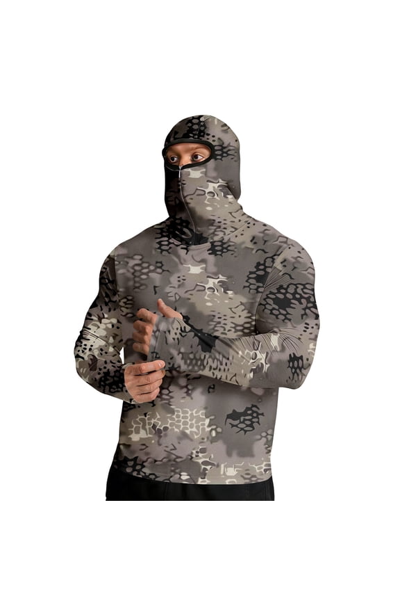 Hoodie with Mask for Men Long Sleeve Sun Protection UV UPF 50+ Camo Fishing Shirts Dark Gray L