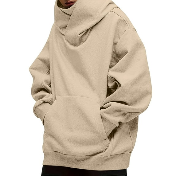 Domuza Hoodies Men Cowl Neck Fleece Solid Color Heavyweight Hooded Sweatshirt Fall Winter Thermal Fashion Relaxed Fit Pullover with Pocket Khaki M
