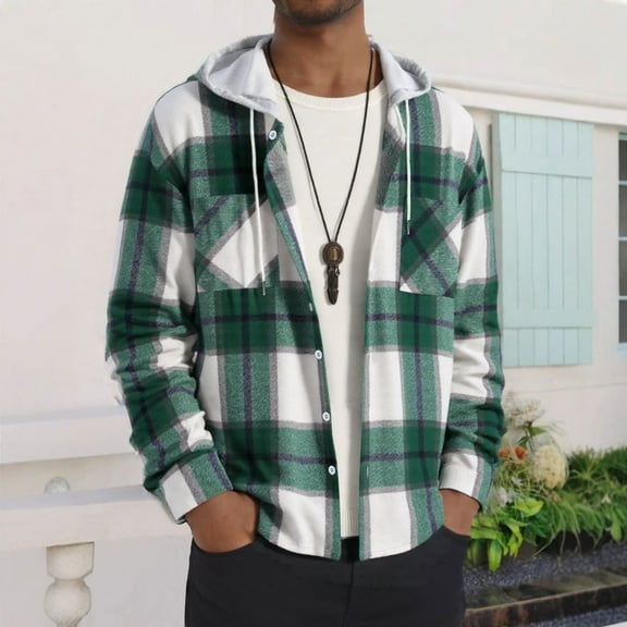 Domuza Hoodies Men Fashion Casual Long Sleeve Button Down Flannel Plaid Shirt Fall Lightweight Classic Checkered Top with Double Pockets Green M