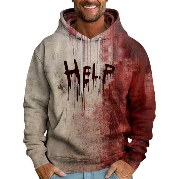 Domuza Hoodies for Men Halloween Funny Spooky Print Drawstring Hooded Sweatshirt Fall Winter Long Sleeve Casual Loose Fit Pullover Top with Kangaroo Pocket Vermilion M