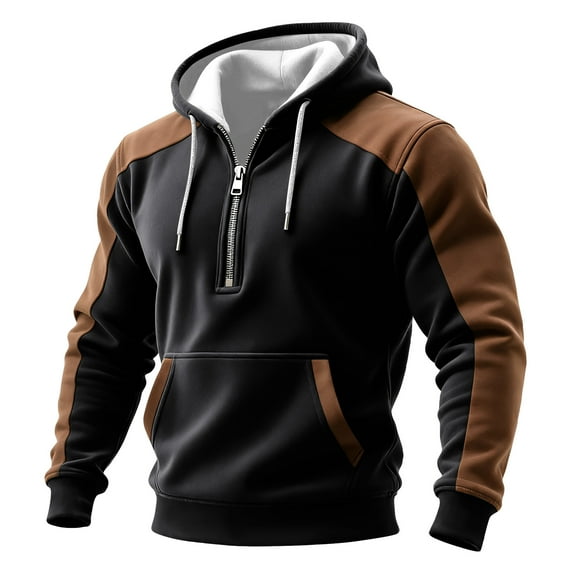 Domuza Hoodies for Men Pullover 1/4 Zipper Long Sleeve Drawstring Hooded Sweatshirt Fall Winter Casual Loose Fit Color Block Athletic Pullover Black M