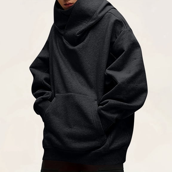 Domuza Hoodies for Men Pullover Cowl Neck Fleece Solid Color Heavyweight Hooded Sweatshirt Fall Winter Thermal Fashion Loose Fit Pullover Top with Pocket Black 2XL