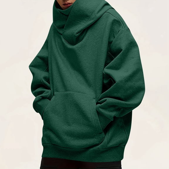 Domuza Hoodies for Men Pullover Cowl Neck Fleece Solid Color Heavyweight Hooded Sweatshirt Fall Winter Warm Fashion Loose Fit Pullover with Pocket Green XL