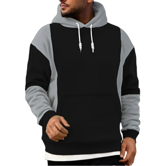 Domuza Hoodies for Men Fleece Long Sleeve Drawstring Sweatshirt Fall Winter Trendy Casual Contrast Color Loose Fit Pullover with Kanga Pocket Black L