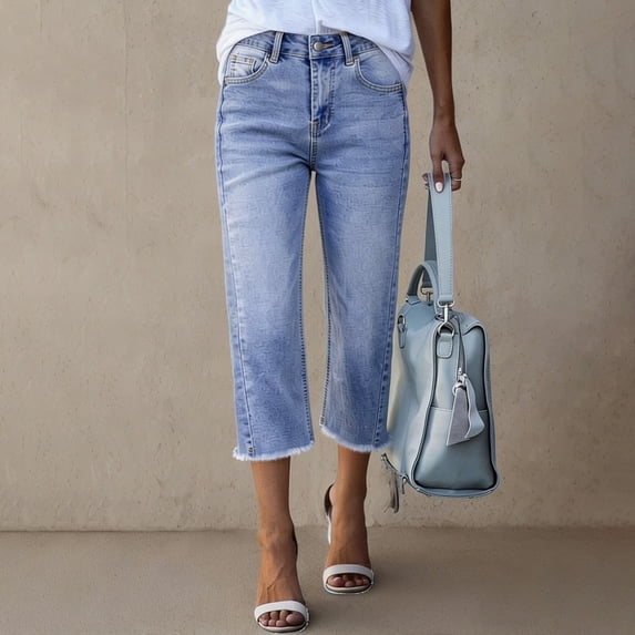 Domuza Jean Capris Women Casual Baggy High Waisted Straight-Leg Jeans Cropped Summer Fashion Flare Y2k Denim Capri Pant Light Blue XXL