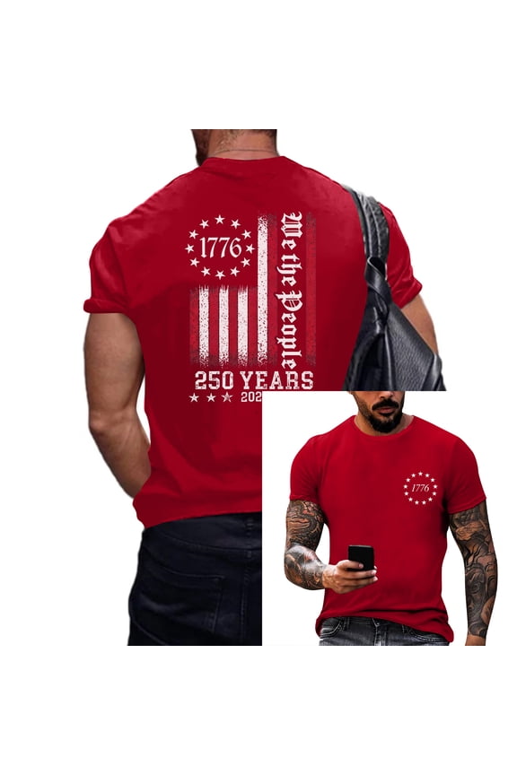 July Of 4th Shirts for Men Usa Flag Pattern Casual Crew Neck Short Sleeve T Shirts 2026 New Trendy Comfortable Loose Fit Top Red 2XL