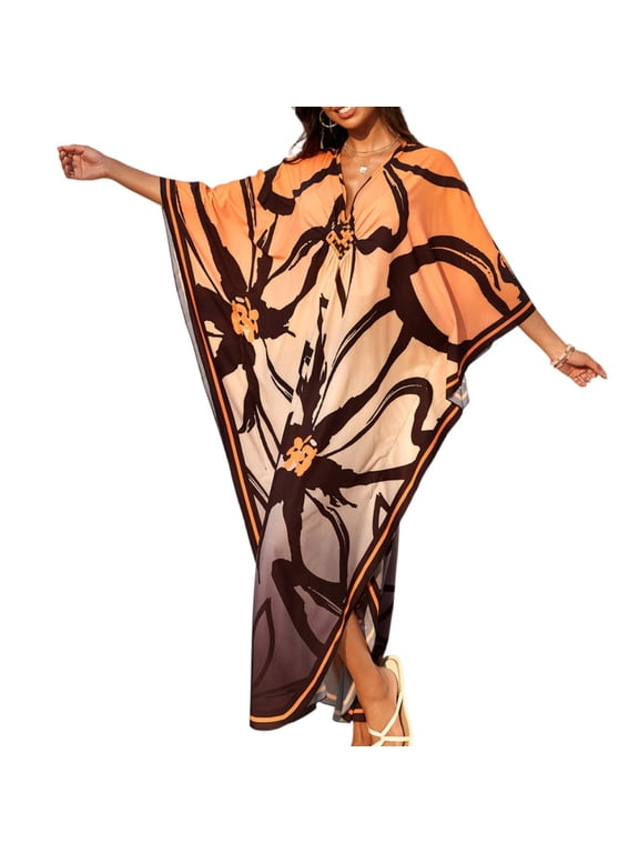 Kaftan Dresses Women Batwing Sleeve V-Neck Moo Moos Colorful Print Cover Ups Caftan Beach Dresses Dresses Summer Hawaiian Dress Loungewear Orange One Size