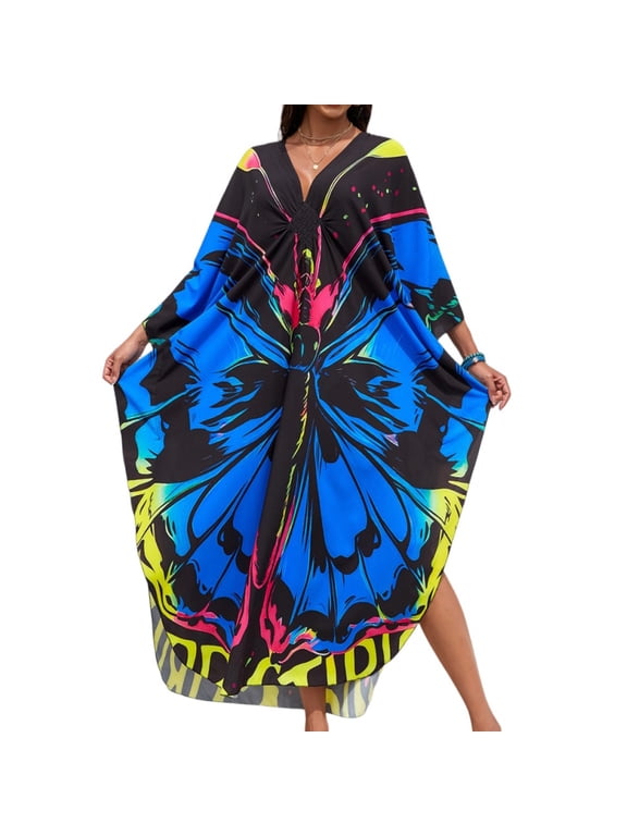Kaftan Dresses Women Batwing Sleeve V Neck Moo Moos Colorful Print Cover Ups Caftan Beach Dresses Dresses Summer Hawaiian Dress Loungewear Dark Blue One Size