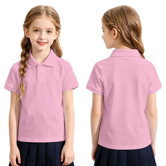 Domuza Kids Girls Polo Shirt Lapel Short Sleeve Casual Button Pullover Comfy Soft Quick Dry Athletic Golf Class Uniform-Light pink 7-8 Years