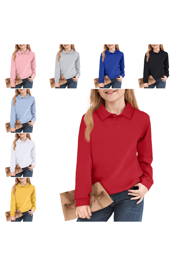 Kids' Solid Color Long Sleeve Polo, Breathable School Uniform Shirt for Girls, Perfect for Everyday School Use Red 8-9 Years