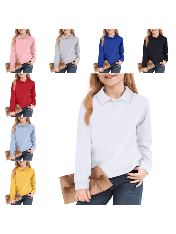 Kids' Solid Color Long Sleeve Polo, Breathable School Uniform Shirt for Girls, Perfect for Everyday School Use White 11-12 Years