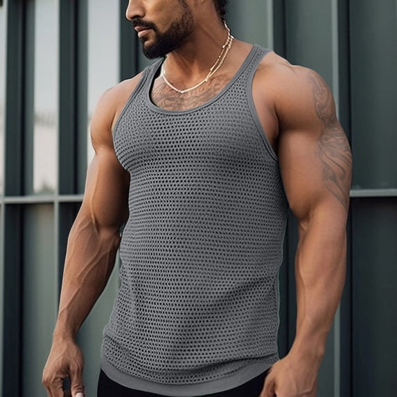 Domuza Knitted Tank Tops for Men Casual Sleeveless See Through Mesh Tank Tops Beach Muscle Knit Vest Gray XL