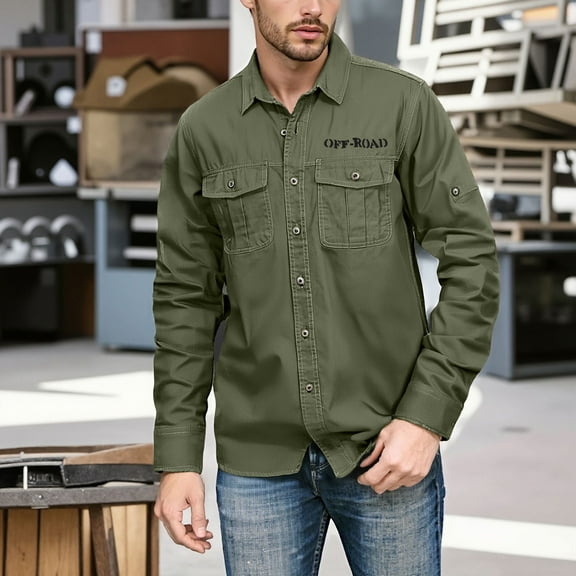 Domuza Light Weight Long Sleeve Shirts for Men Classic Western Retro Relaxed Fit Work Shirts Casual Breathable Button Up T Shirts with Pockets Army Green XXL