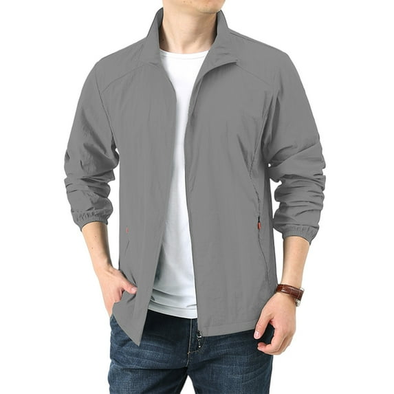 Domuza Lightweight Jacket Men Packable Stand Up Collar Windbreaker Water-Resistant Windproof Dustproof Full Zip Running Jacket Outdoor Coat with Pocket Light Gray XL