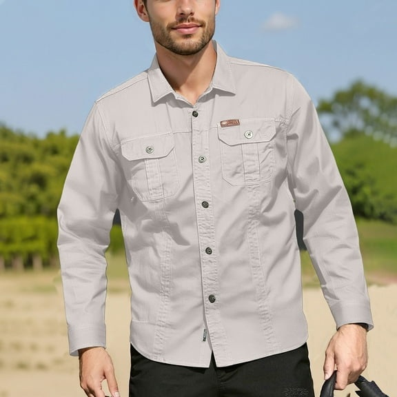 Domuza Lightweight Long Sleeve Shirt Men Classic Western Vintage Relaxed Fit Work Shirts Casual Breathable Button Up T Shirts with Chest Pockets Beige S