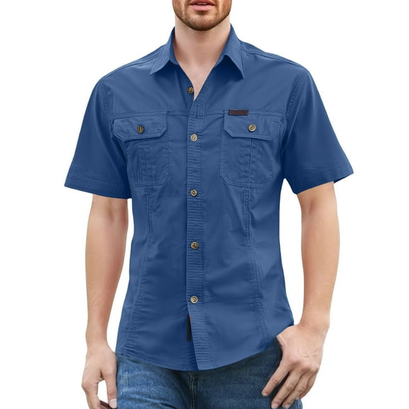 Domuza Lightweight Short Sleeve Shirt Men Western Classic Retro Loose Fit Work Shirts Casual Breathable Button Up Tshirts with Chest Pockets L