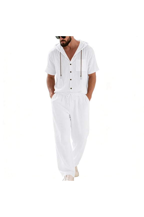 Linen 2 Piece Sets for Men Casual Short Sleeve Hoodie Button Up T Shirts Loose Fit Pants 2026 Summer Fashion Vacation Beach Bohemian Clothes White 2XL