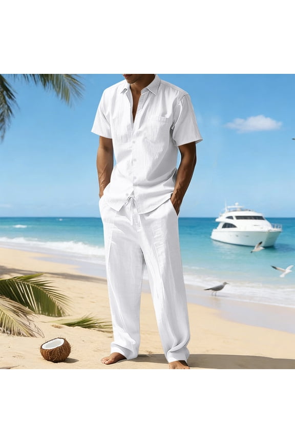 Linen 2 Piece Sets Men Casual Short Sleeve Lapel Button Down Tee Shirts Relaxed Fit Pants 2026 New Fashion Beach Vacation Boho Outfits White L
