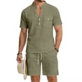 thumbnail image 1 of Domuza Linen 2 Pieces Set Men Casual Henley Short Sleeve Button T Shirts and Shorts with Pockets 2026 Summer Fashion Vacation Holiday Set Army Green XL, 1 of 4