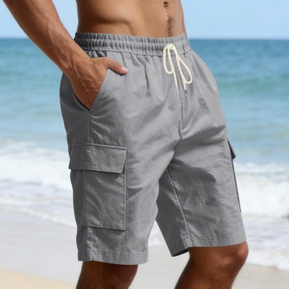 Domuza Linen Cargo Shorts for Men Elastic Waist Drawstring Shorts Casual Relaxed Fit Summer Beach Shorts with Pockets Dark Gray XL