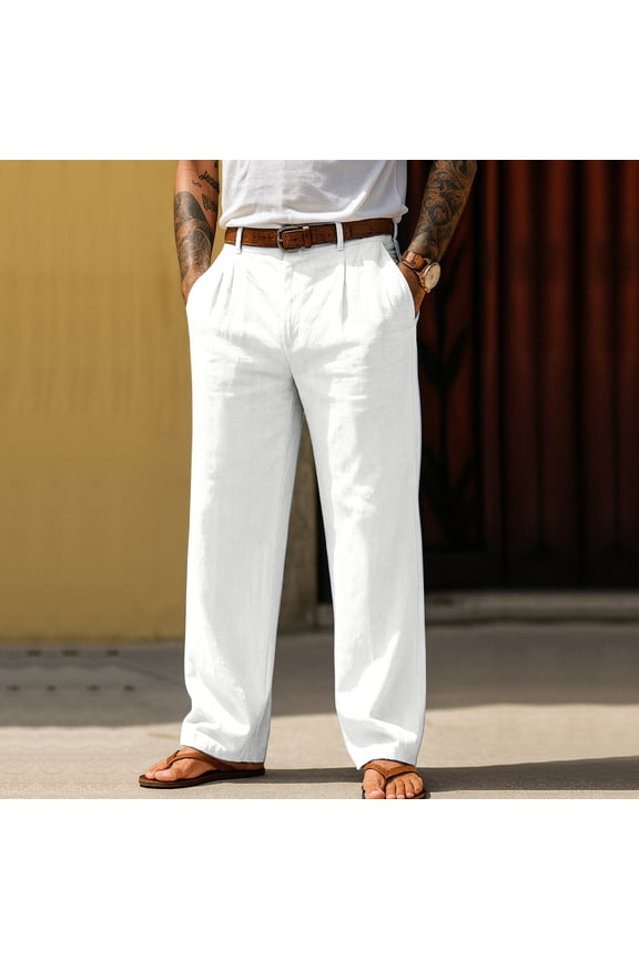 Linen Pants Men Casual Stylish Straight Leg Pleated Pleated Slacks Spring Summer Lightweight Loose Fit Beach Pants with Pockets White L