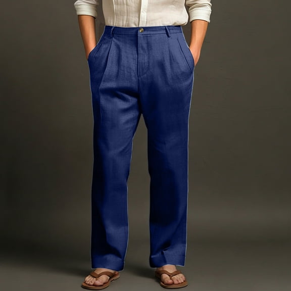 Domuza Linen Pants Men Stylish Casual Straight Leg Pleated Dress Trousers Spring Summer Baggy Lightweight Beach Pants with Pockets Navy S
